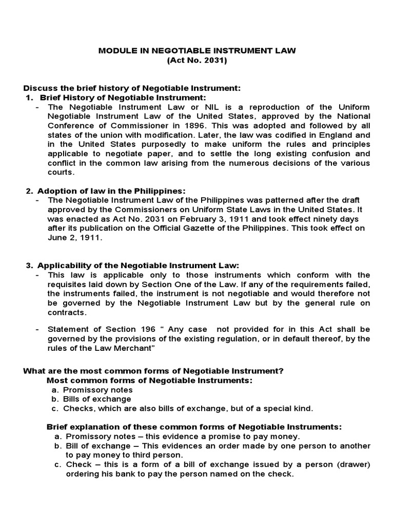 Overview of Negotiable Instrument Law | PDF | Promissory Note | Cheque