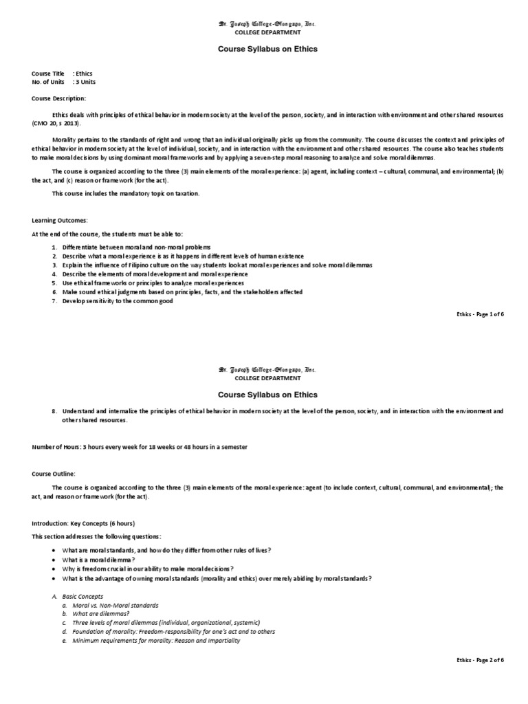 Course Syllabus On Ethics Pdf Virtue Ethics Morality