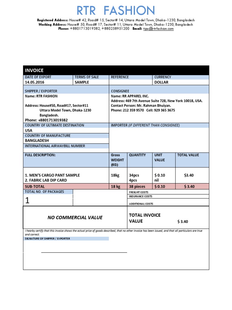 RR Apparel Cargo Invoice Sample | PDF | Cargo | Trade