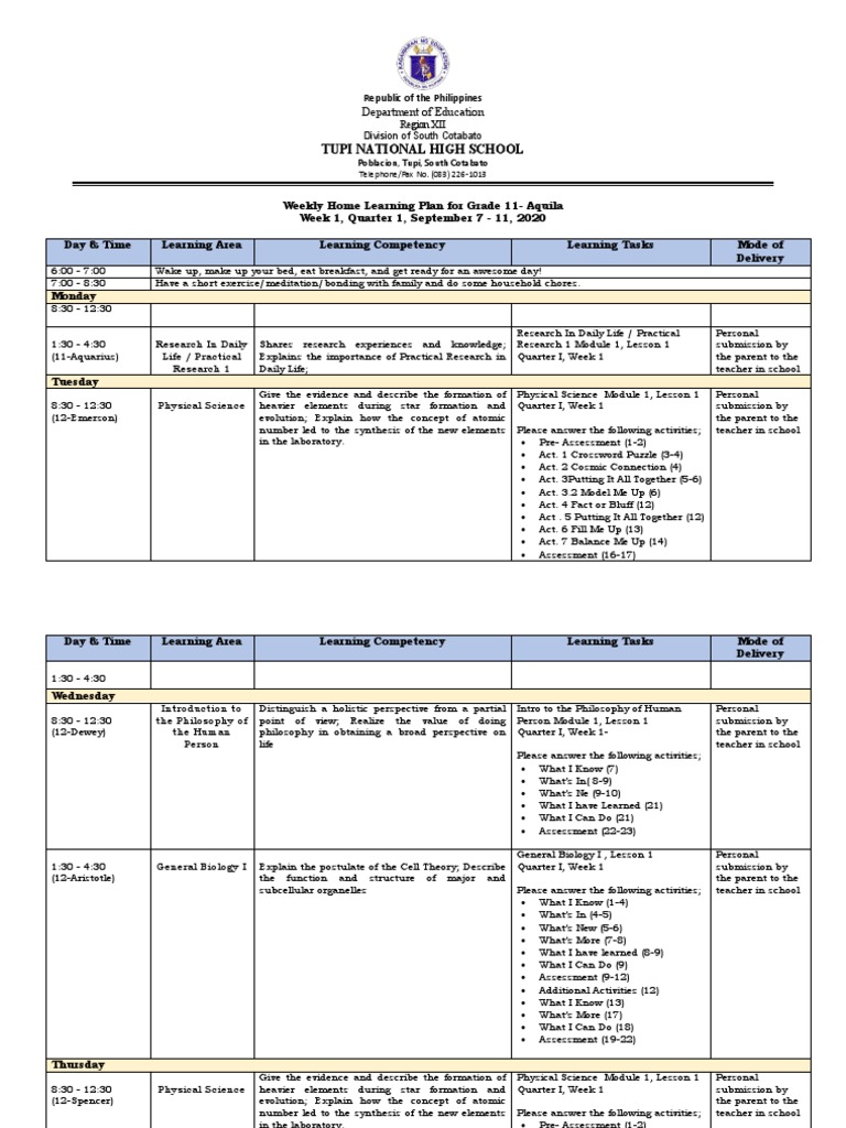 Weekly home learning plan pdf learning science