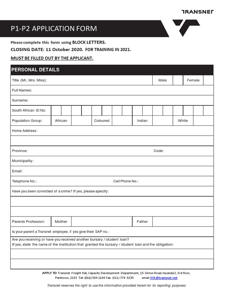 Transnet P1-P2 Application Form 2021 | PDF | Educational Stages | Learning
