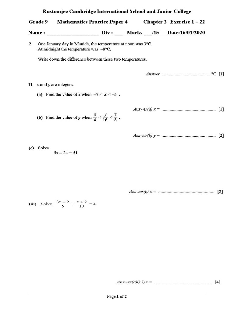 Grade 9 Maths Weekly Practice Paper Chapter 2 Ex 122 16.01.