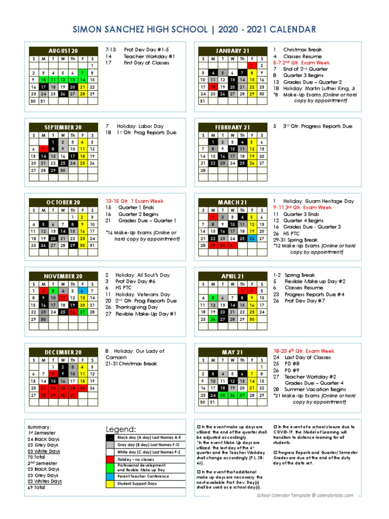 Simon Sanchez High School - 2020 - 2021 Calendar: August 20 January 21 | PDF | Academic Term | Festival