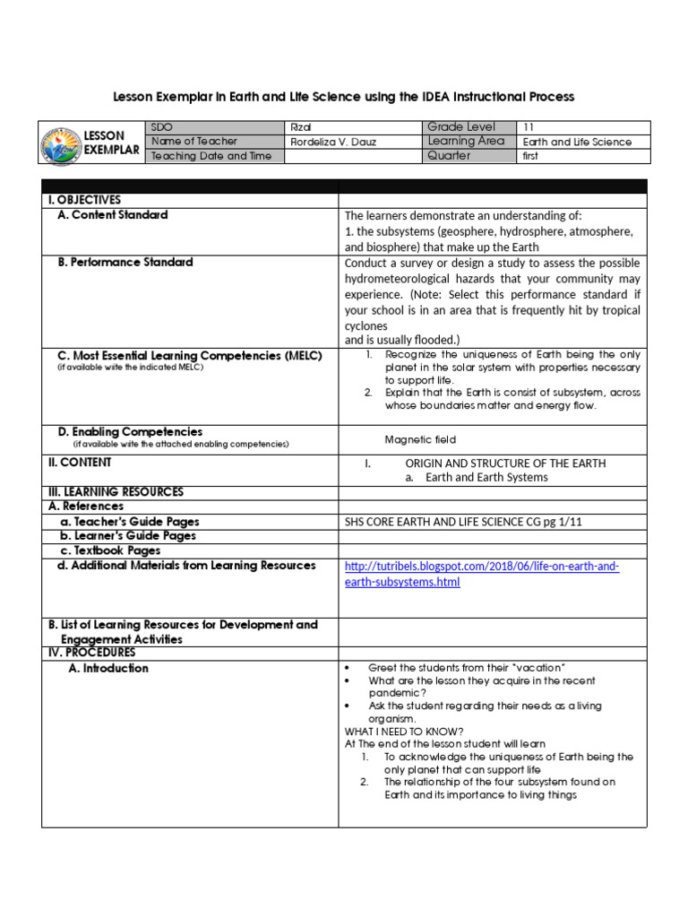 Earth and Life Science Lesson Plan | PDF | Atmosphere | Earth