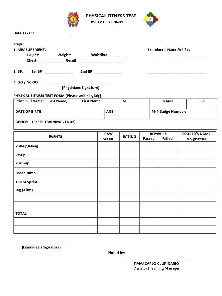 PNP Physical Fitness Test Form 2020 | PDF