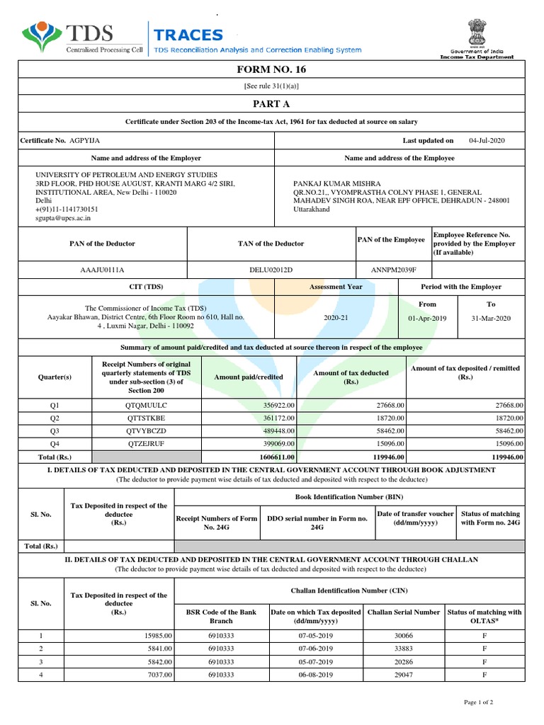 Form 16 TDS Certificate for AY 2020-21 | PDF | Employee Benefits | Tax ...