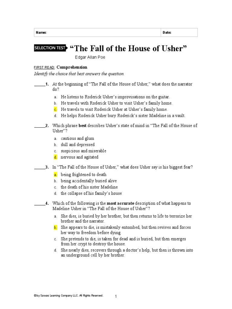The House of Usher Quiz | PDF | Poetry | Young Adult