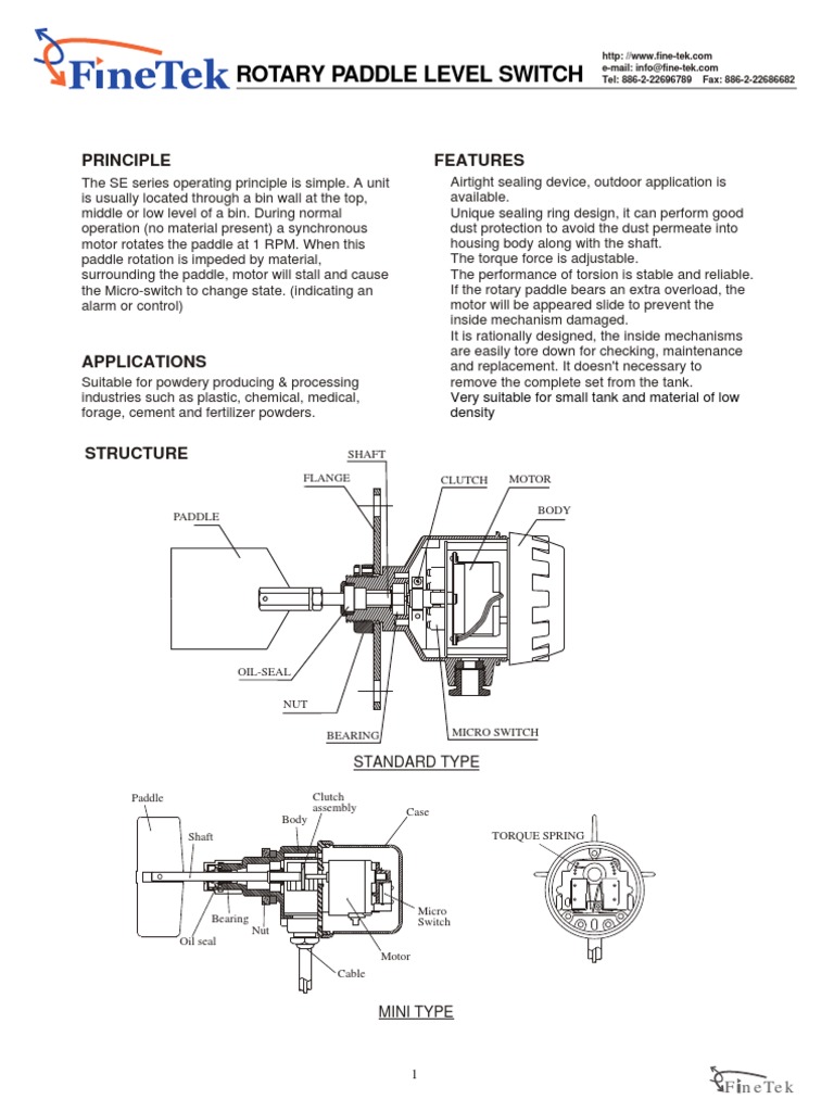 Rotary Paddle Level Switch Overview | PDF | Electric Motor | Switch