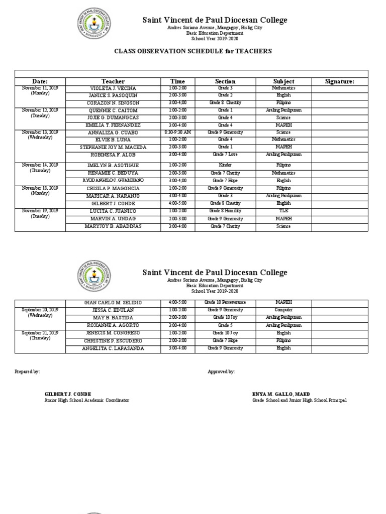 Classroom Observation Schedule 2019-2020 | PDF