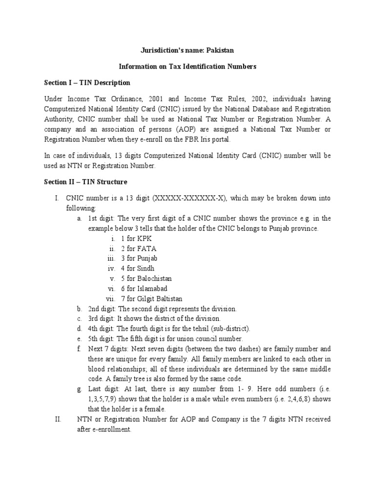 Jurisdiction's Name Pakistan Information On Tax Identification Numbers