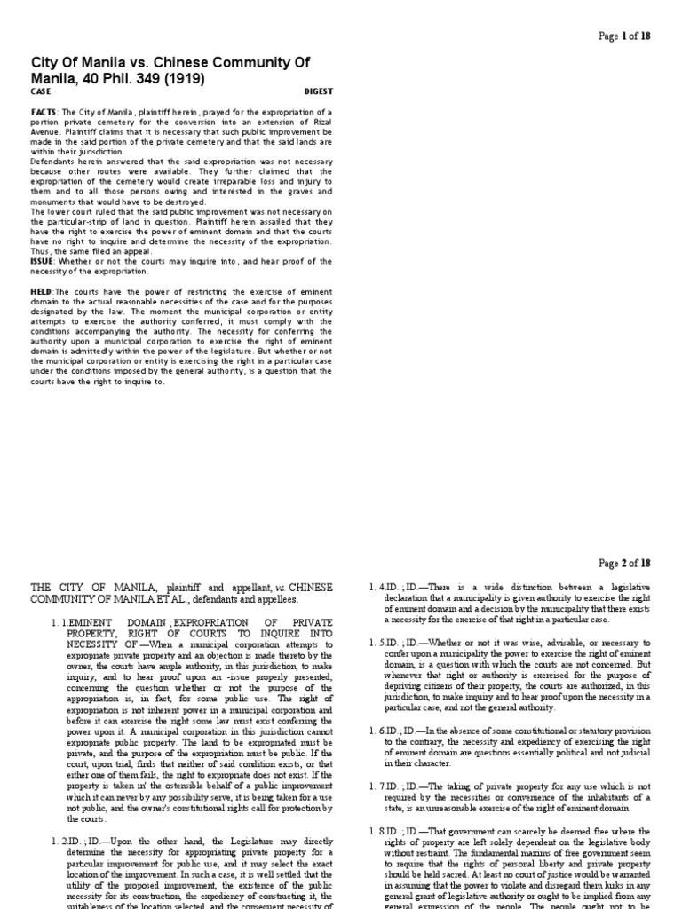 City of Manila v. Chinese Community Case | PDF | Eminent Domain | Property