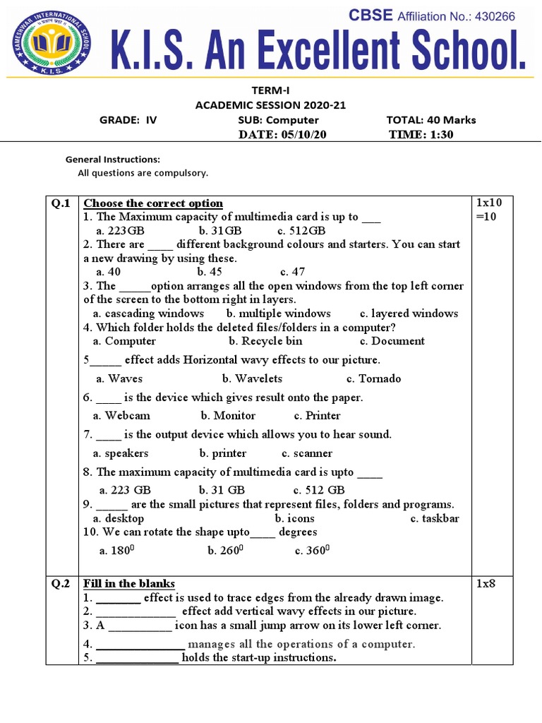 Grade IV Computer Exam Questions | PDF | Icon (Computing) | Computer ...