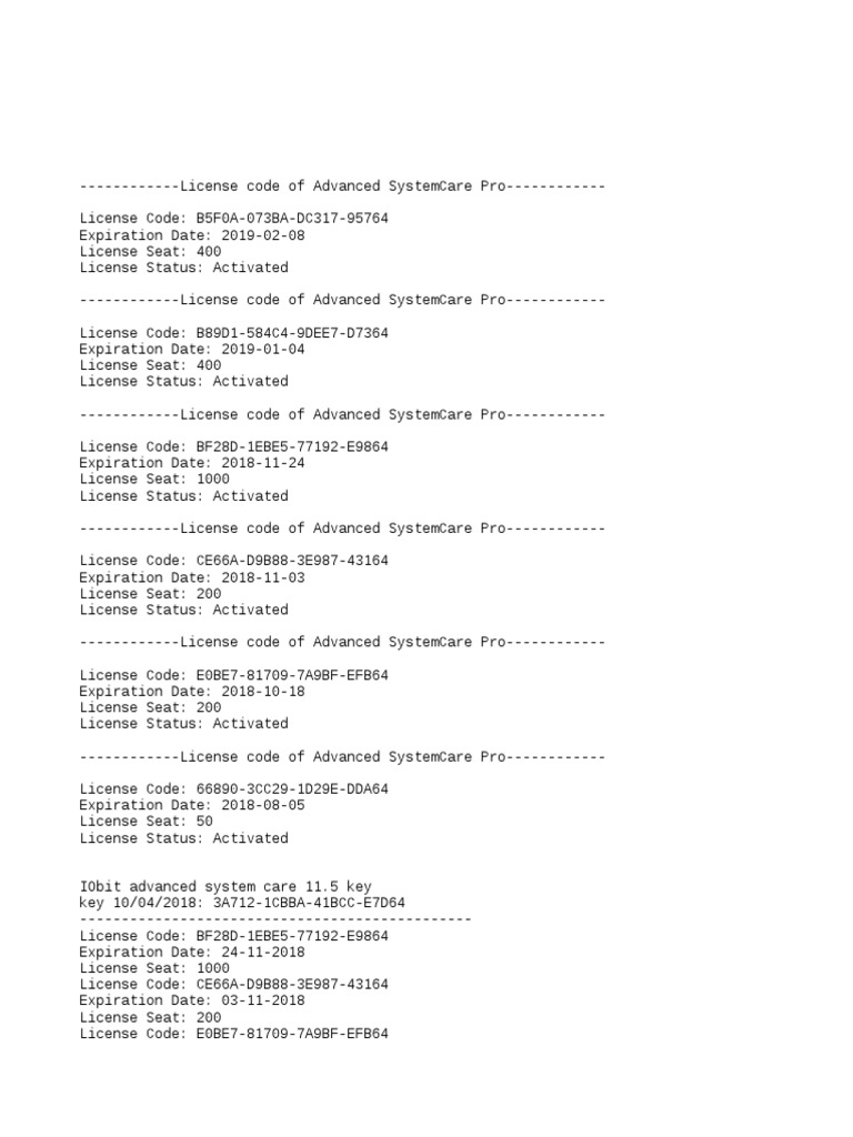 Advanced SystemCare Pro License Codes | PDF