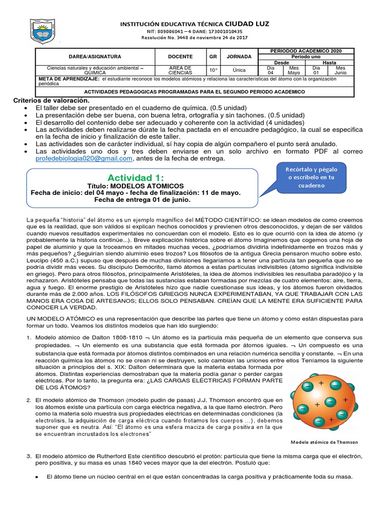 Quimica 10 Periodo Dos Taller 1 Modelos Atomicos Distribucion Electronica |  PDF | Núcleo atómico | Átomos