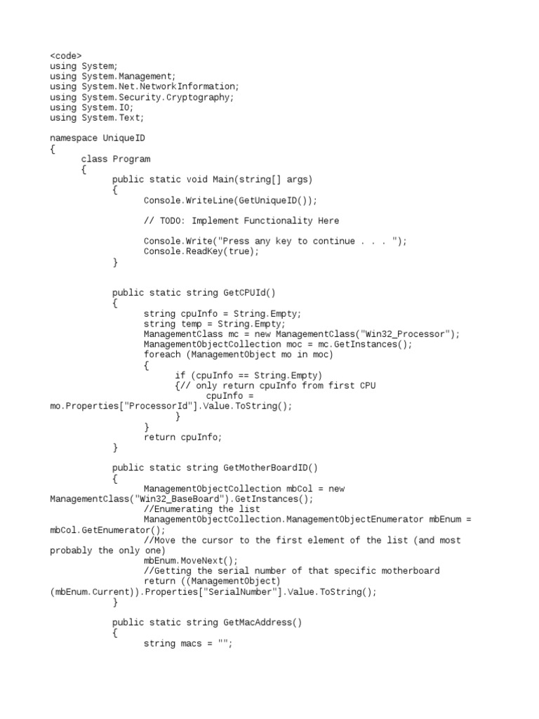 Generating a Unique Hardware ID for Devices Using CPU ID, Motherboard