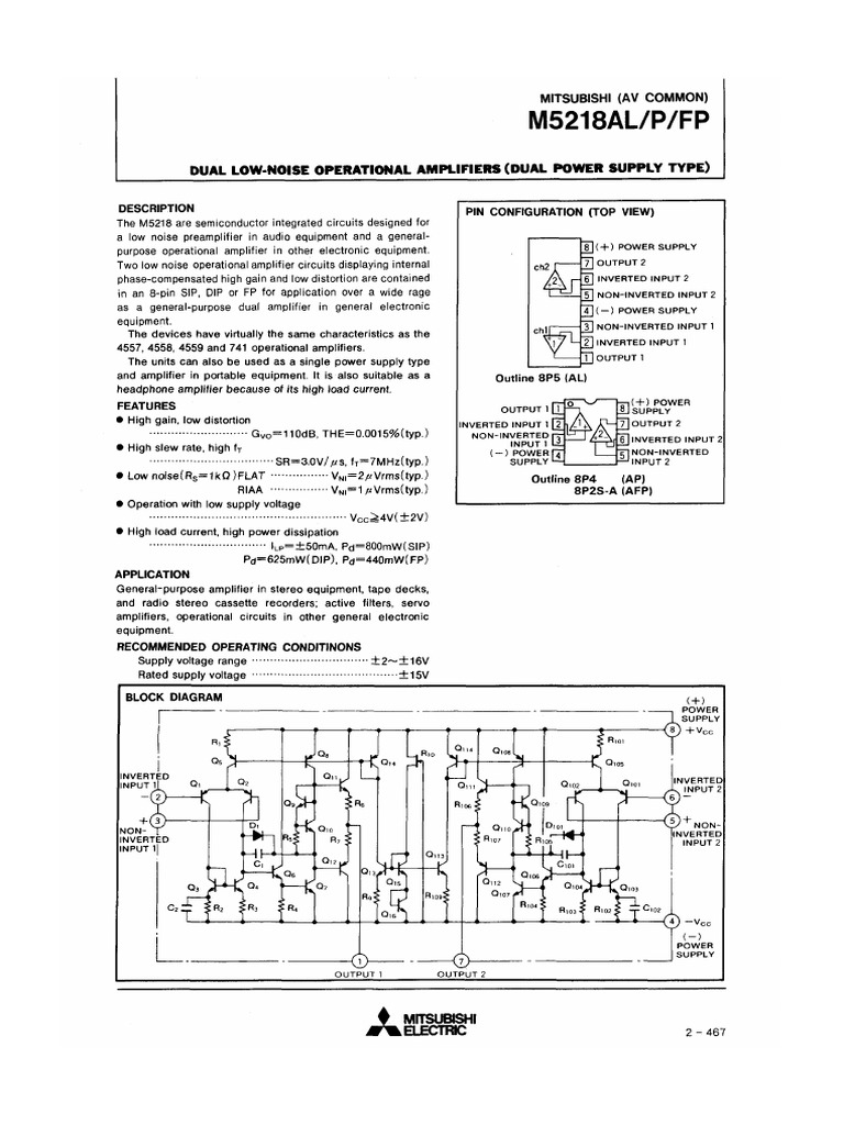 M5218AL/P/FP: Dual Low-Noise Operational Amplifiers (Dual Power