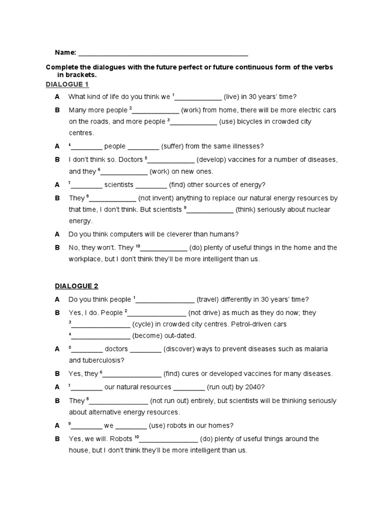 Future Perfect and Cont Test | PDF | Grammar | Wellness