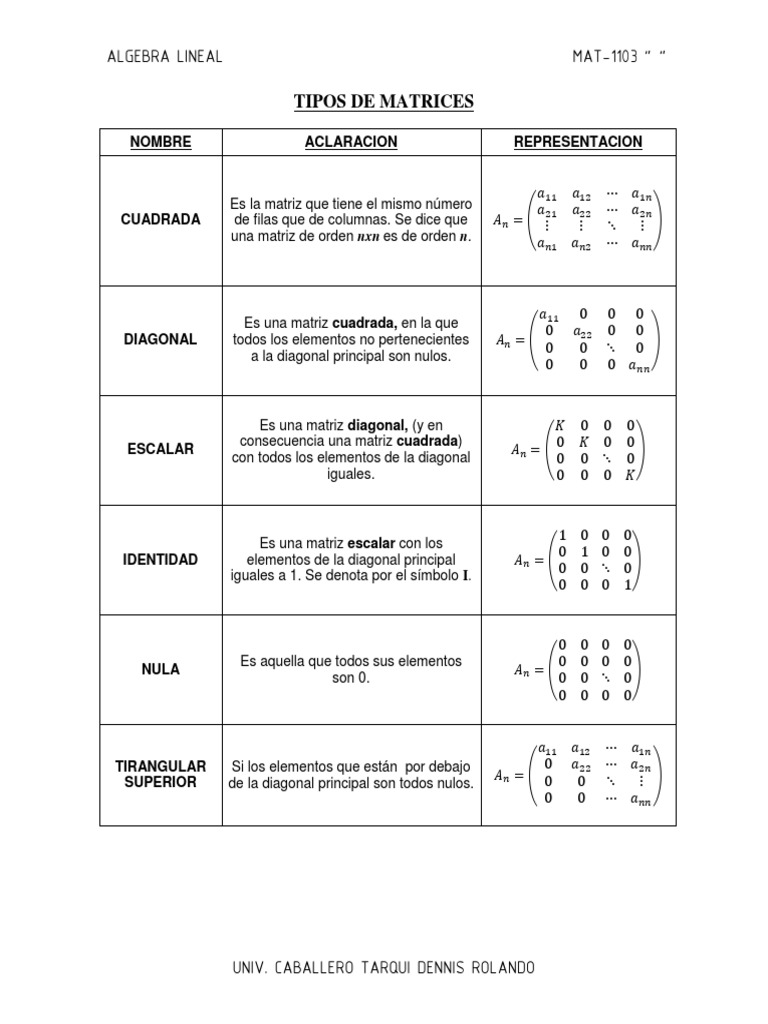 Tipos de Matrices en Álgebra Lineal | PDF | Matriz (Matemáticas ...