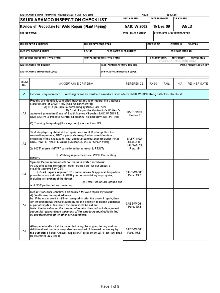 Saudi Aramco Inspection Checklist: Review of Procedure For Weld Repair ...