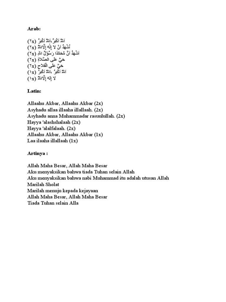 Teks dan Lafadz Adzan Arab-Latin | PDF