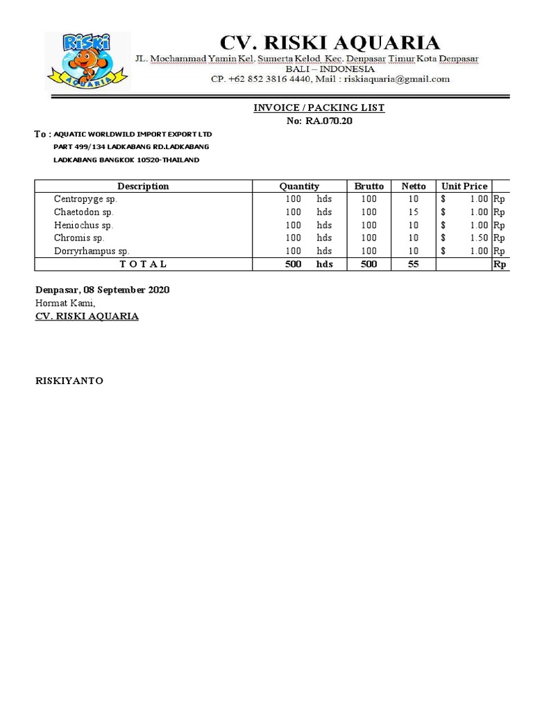 Invoice for Aquatic Species Shipment | PDF