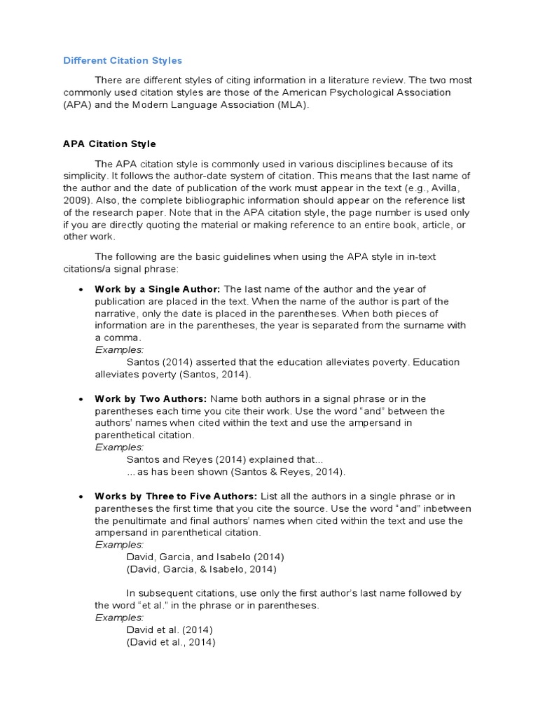 Different Citation Styles Citation Apa Style