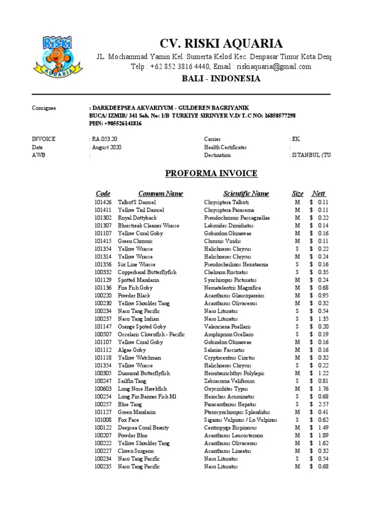 Aquarium Fish Invoice | PDF | Perciformes | Aquatic Animals