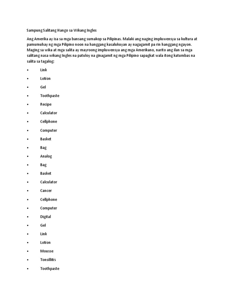 Sampung Salitang Hango Sa Wikang Ingles | PDF