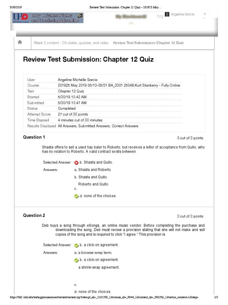 Chapter 12 Quiz Review Results | PDF | Offer And Acceptance | Business Law