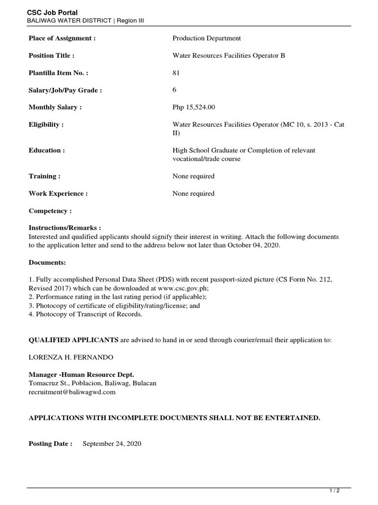 BALIWAG WATER DISTRICTWater Resources Facilities Operator B PDF