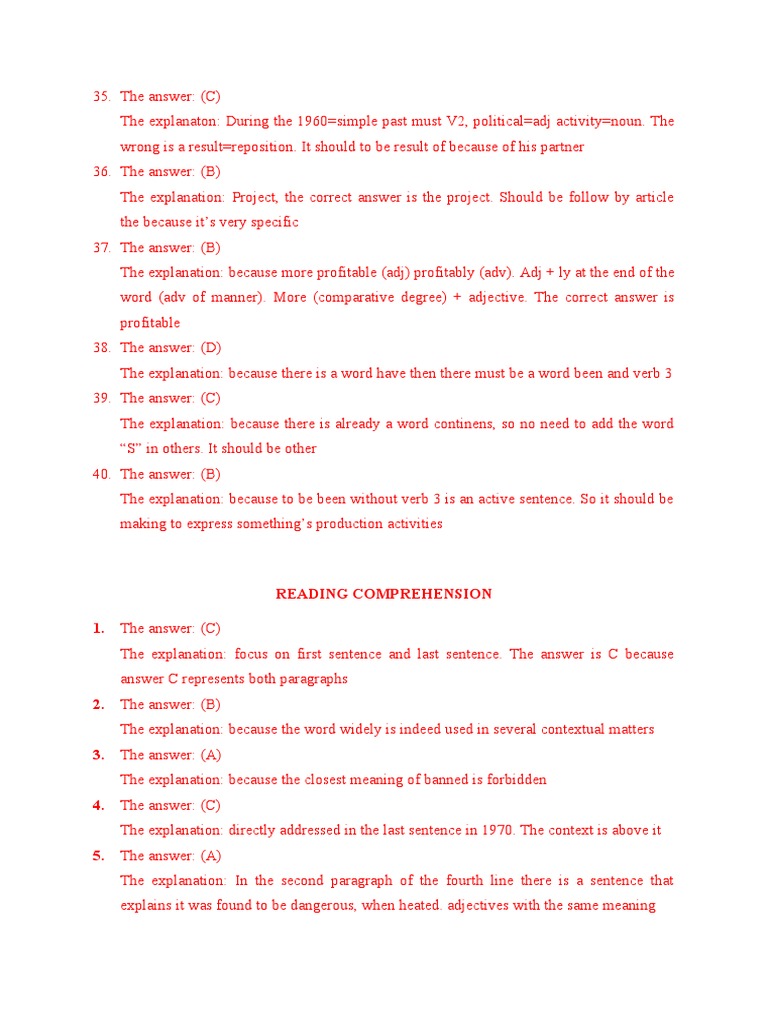 Grammar and Reading Comprehension Answers | PDF