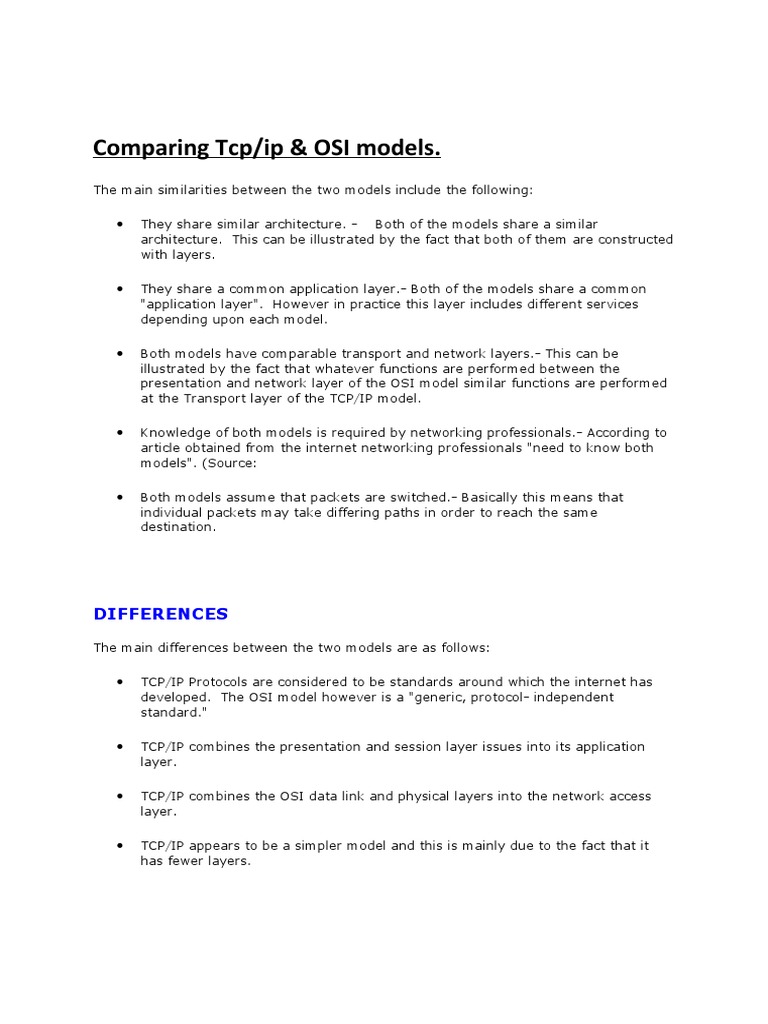 TCP/IP vs OSI Model Comparison | PDF | Software Architecture | Internet ...
