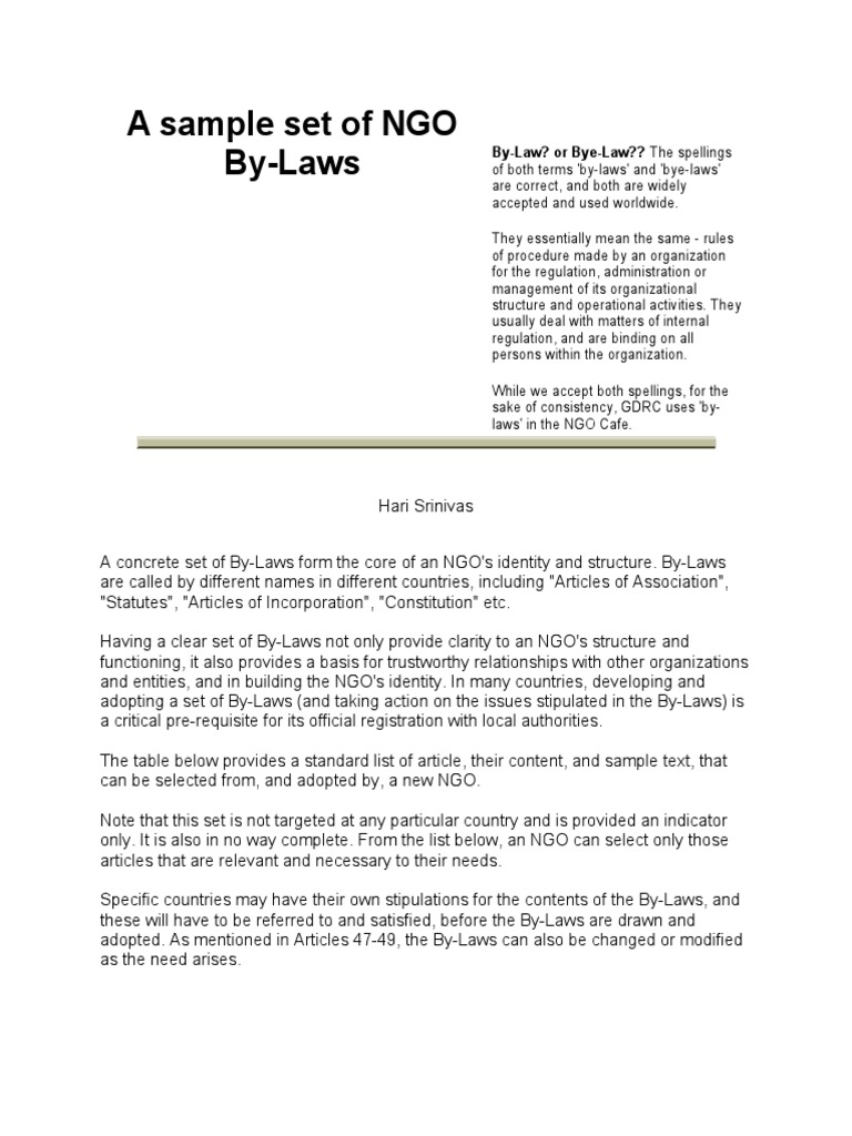 Sample NGO By-Laws Template | PDF | By Law | Non Governmental Organization