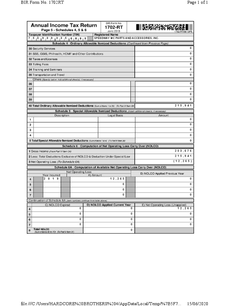 BIR Form 1702RT for Chesella | PDF | Software | Application Software