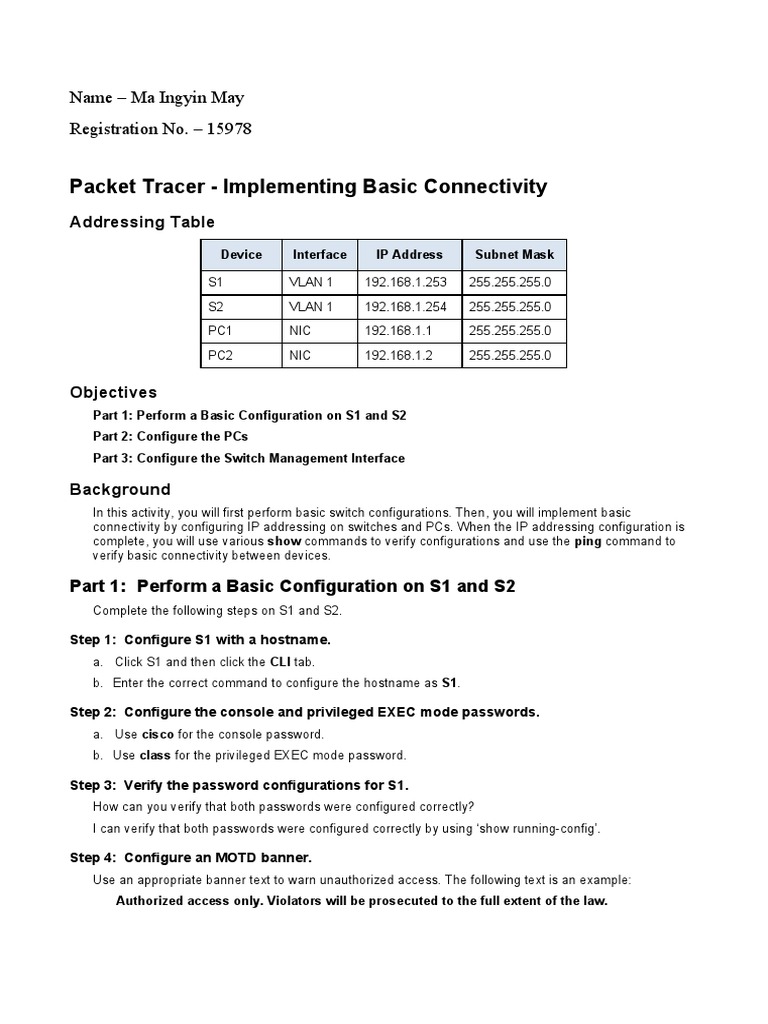 Packet Tracer: Basic Connectivity Setup | PDF | Ip Address | Internet ...