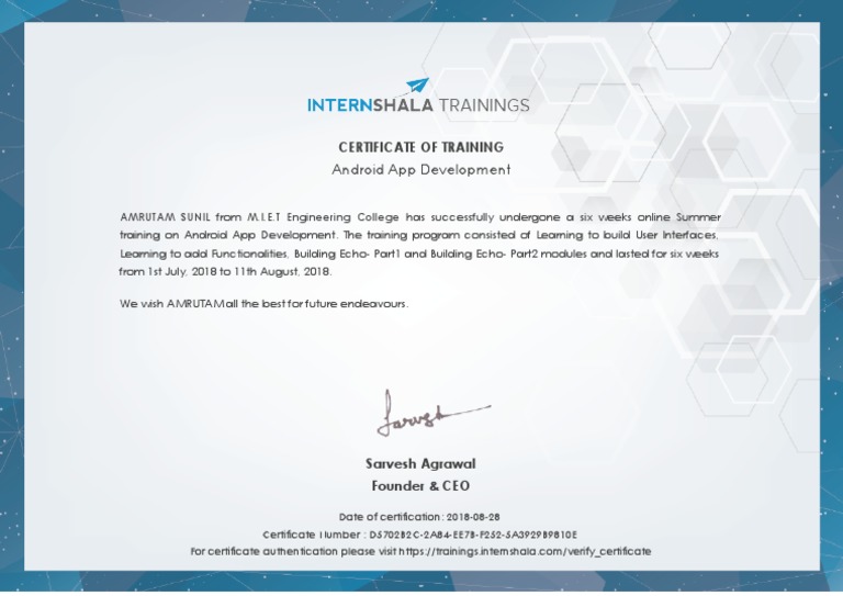 Android App Development Training Certificate | PDF