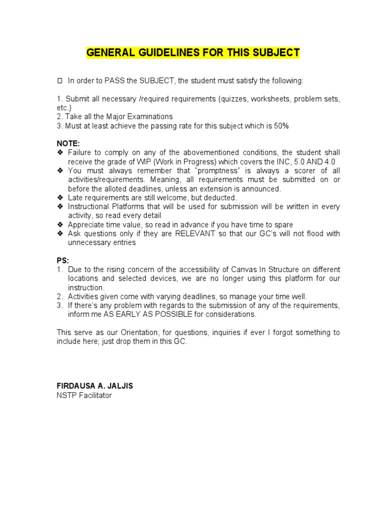 General Guidelines For This Subject | PDF