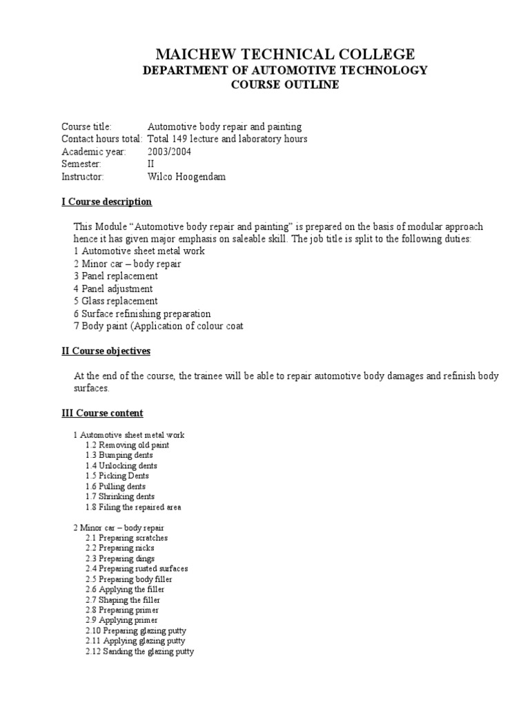 Automotive Body Repair Course Outline | PDF | Paint | Glasses