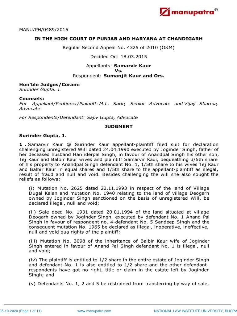 Punjab High Court Will Dispute Ruling | PDF | Lawsuit | Judgment (Law)