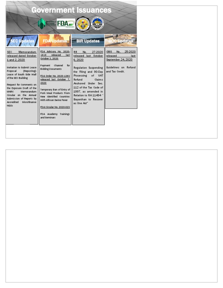 Government Issuances: BOC Updates BIR Updates FDA Updates SEC Updates ...