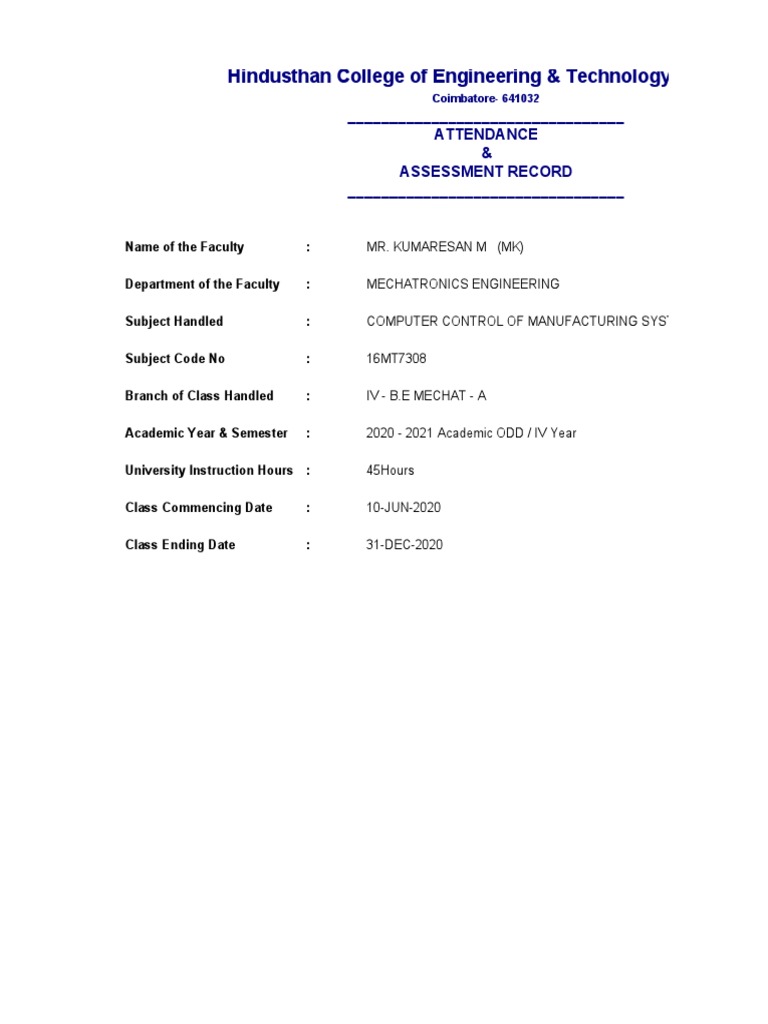 COMPUTER CONTROL OF MANUFACTURING SYSTEMIV B.E MECHAT AIV Year09