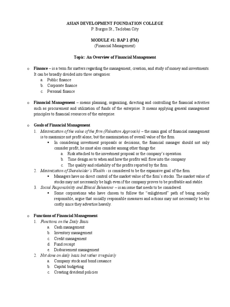 An Introduction to the Fundamental Concepts and Goals of Financial