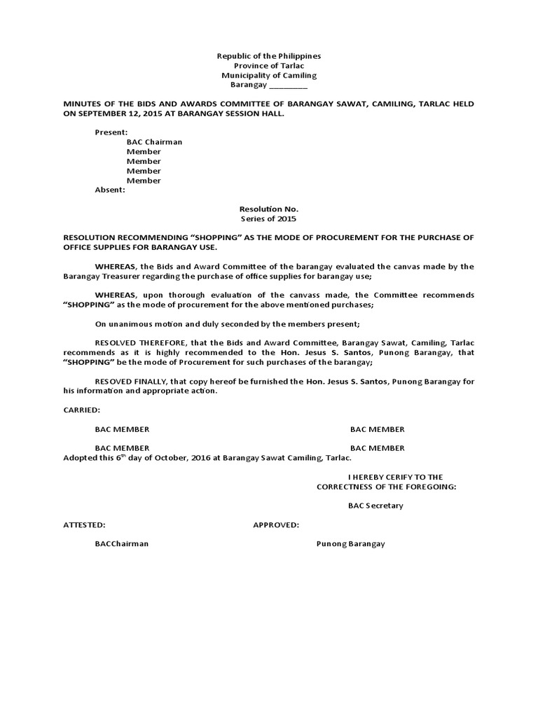 Barangay Resolution for Office Supplies Purchase | PDF