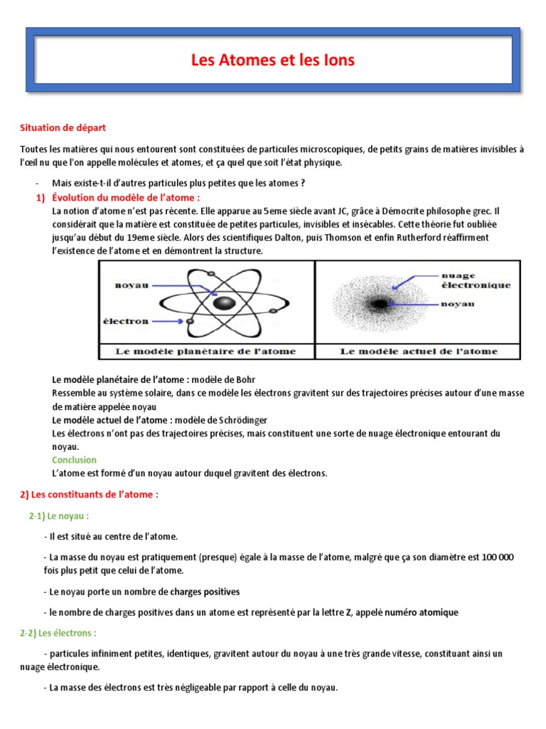 Atomes et Ions : Cours 3ème | PDF | Atomes | Ion