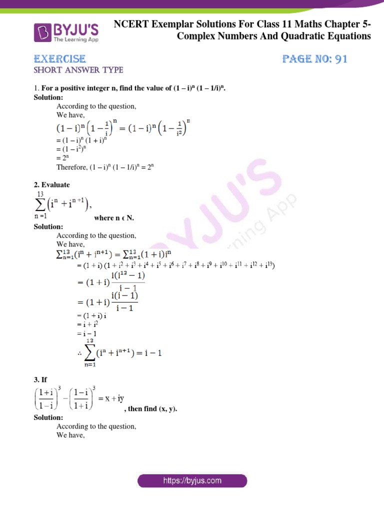 Class 11 NCERT Complex Numbers Solutions | PDF | Complex Number | Equations