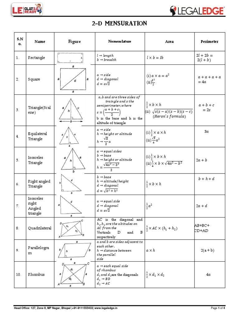 Mensuration 2d and 3d formula pdf area triangle