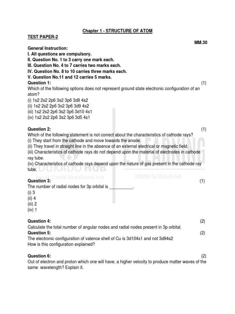 Chemistry Test: Atomic Structure | PDF | Electron | Electromagnetic ...