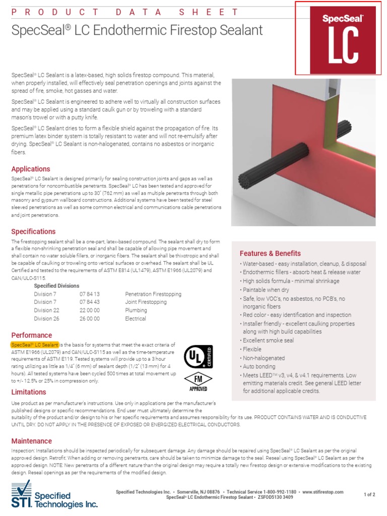 LC Endothermic Firestop Sealant Product Data Sheet PDF Materials