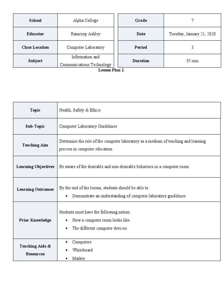Computer Lab Guidelines Lesson Plan | PDF | Education Theory | Teaching
