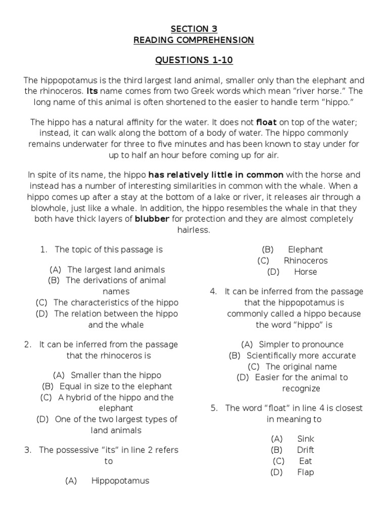Questions 1-10: Section 3 Reading Comprehension | PDF | Hippopotamus ...